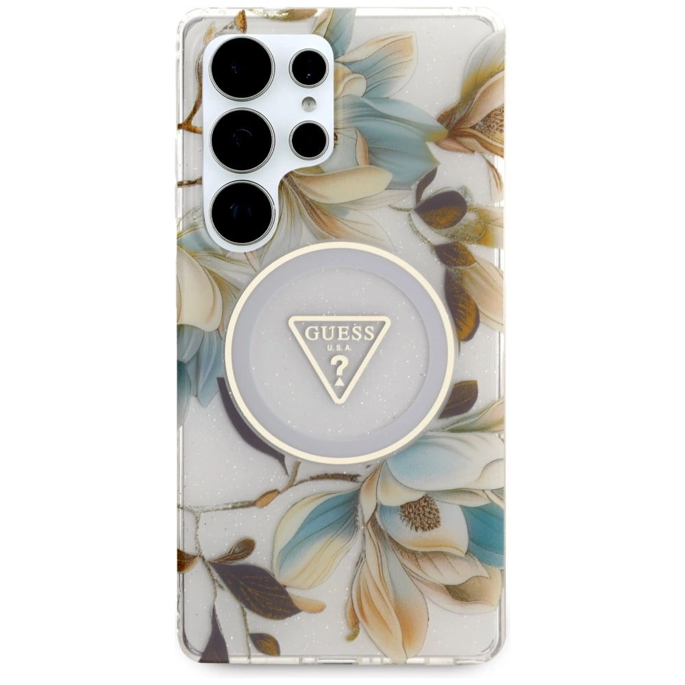 Guess Glitter Flowers Triangle Buttons MagSafe Case for Samsung Galaxy S25 Ultra whiteeng