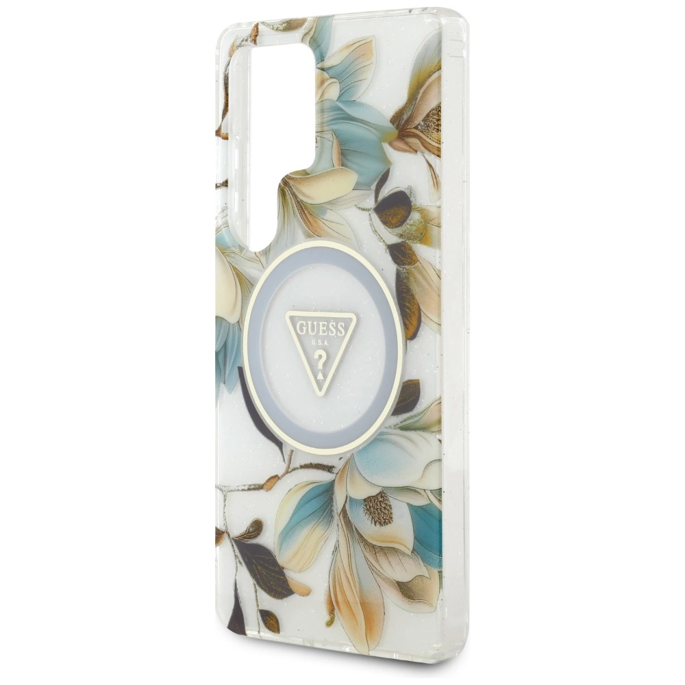 Guess Glitter Flowers Triangle Buttons MagSafe Case for Samsung Galaxy S25 Ultra whiteeng
