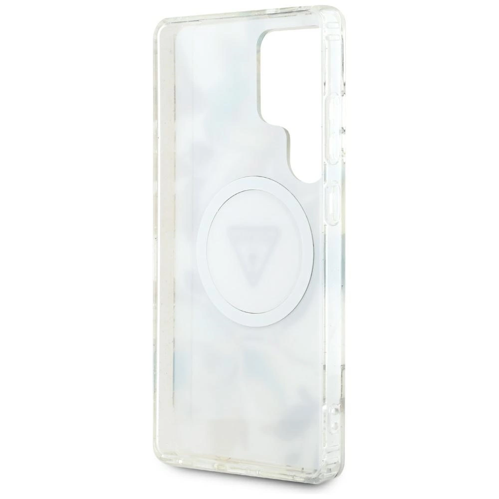 Guess Glitter Flowers Triangle Buttons MagSafe Case for Samsung Galaxy S25 Ultra whiteeng