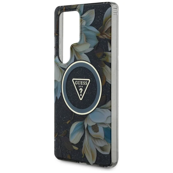 Guess Glitter Flowers Triangle Buttons MagSafe Case for Samsung Galaxy S25 Ultra Blackeng
