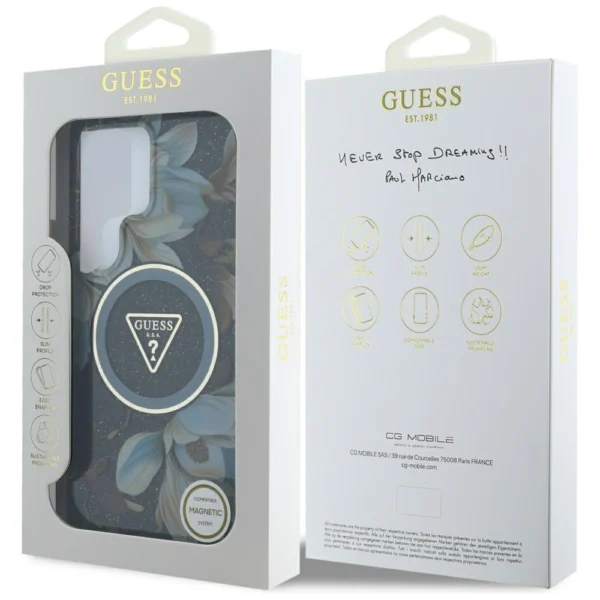 Guess Glitter Flowers Triangle Buttons MagSafe Case for Samsung Galaxy S25 Ultra Blackeng