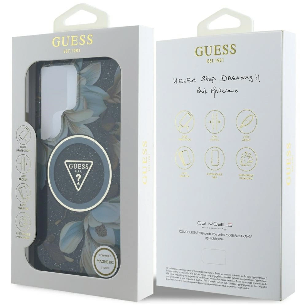 Guess Glitter Flowers Triangle Buttons MagSafe Case for Samsung Galaxy S25 Ultra Blackeng