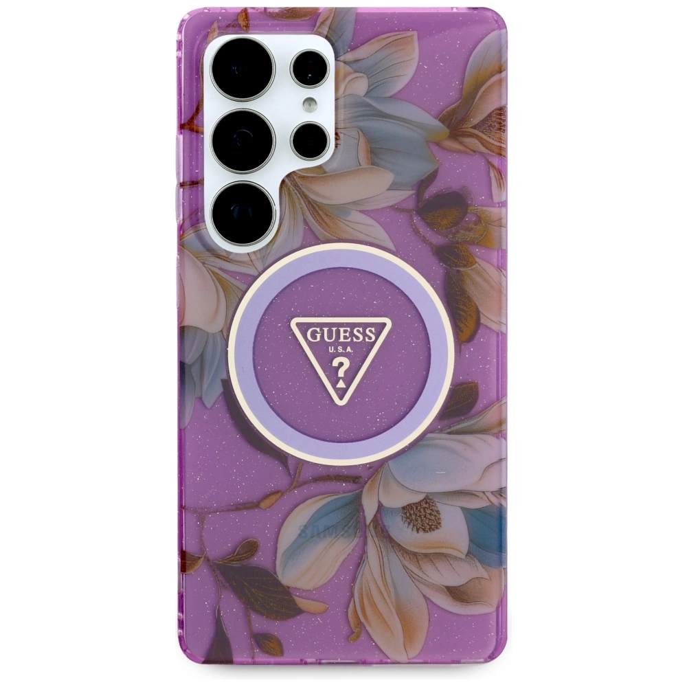 Guess Glitter Flowers Triangle Buttons MagSafe Case for Samsung Galaxy S25 Ultra purpleeng