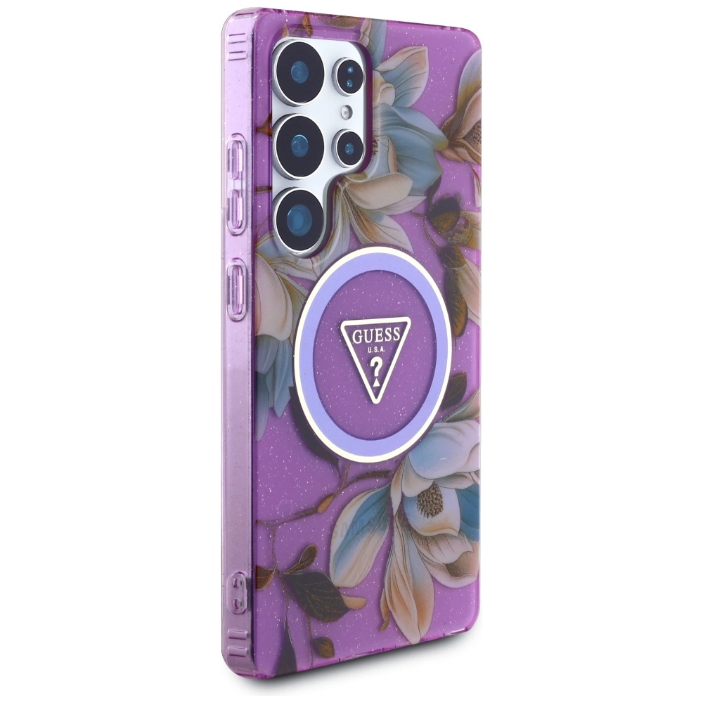 Guess Glitter Flowers Triangle Buttons MagSafe Case for Samsung Galaxy S25 Ultra purpleeng