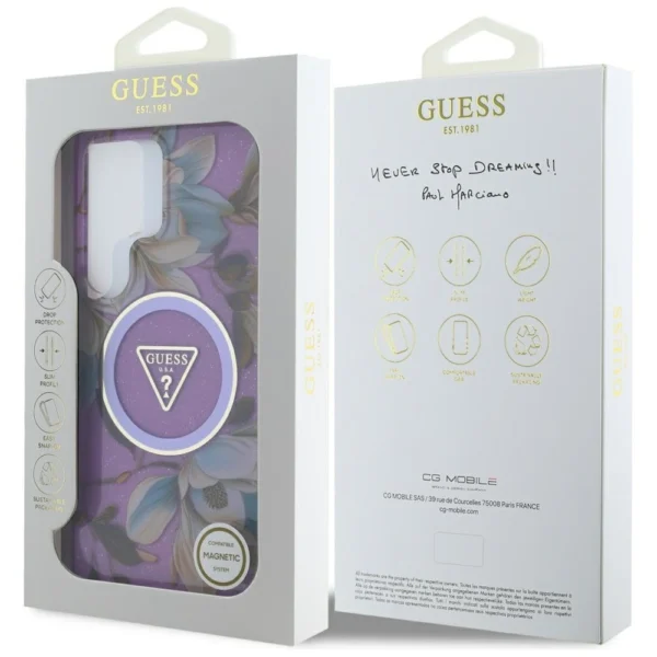 Guess Glitter Flowers Triangle Buttons MagSafe Case for Samsung Galaxy S25 Ultra purpleeng