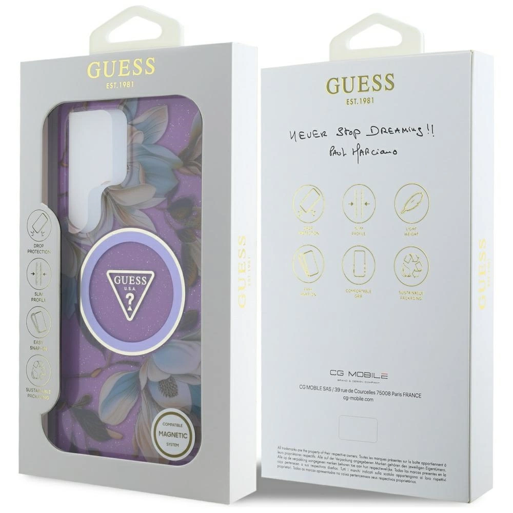 Guess Glitter Flowers Triangle Buttons MagSafe Case for Samsung Galaxy S25 Ultra purpleeng