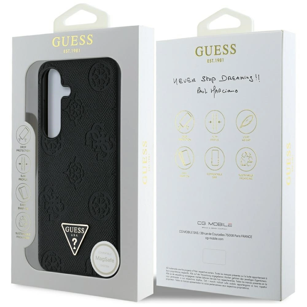 Guess Grained Hot Stamp Peony Pattern Triangle Logo MagSafe Case for Samsung Galaxy S25 Blackeng