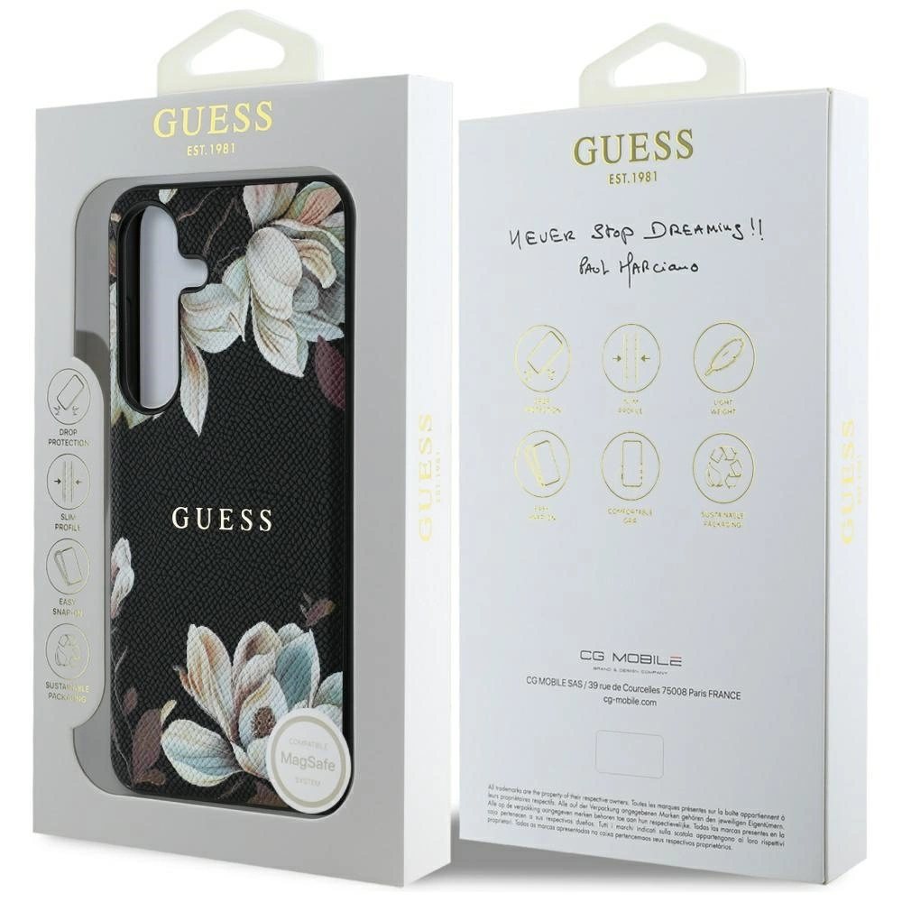 Guess Grained Printed Flower Pattern MagSafe case for Samsung Galaxy S25 blackeng