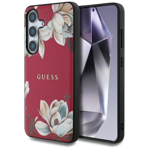 Guess Grained Printed Flower Pattern MagSafe case for Samsung Galaxy S25 fuchsiaeng