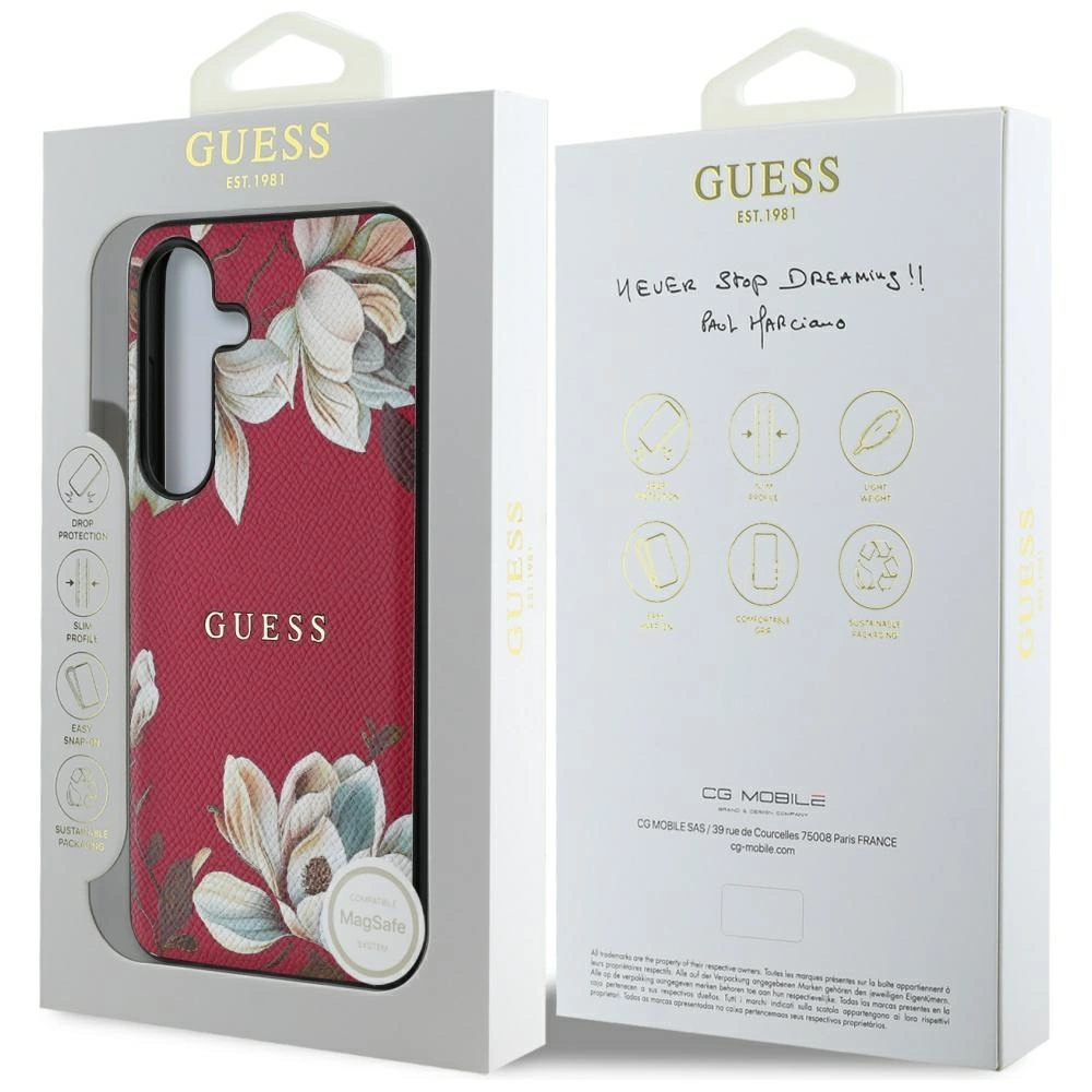 Guess Grained Printed Flower Pattern MagSafe case for Samsung Galaxy S25 fuchsiaeng