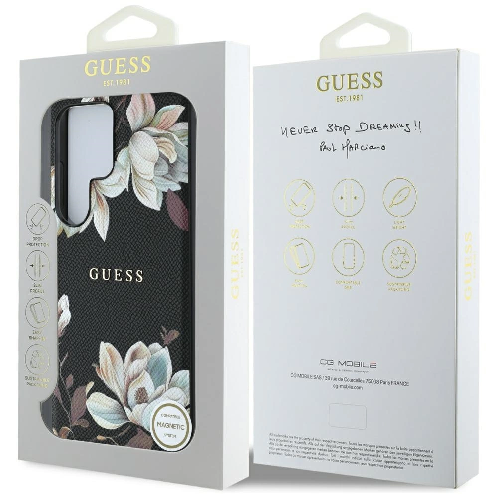 Guess Grained Printed Flower Pattern MagSafe case for Samsung Galaxy S25 Ultra blackeng