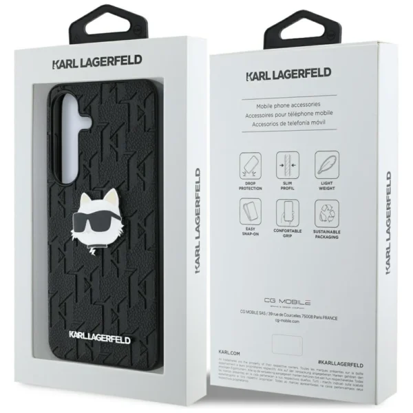 Karl Lagerfeld Leather Monogram Pin Logo Choupette Head Samsung Galaxy S25 Case Blackeng