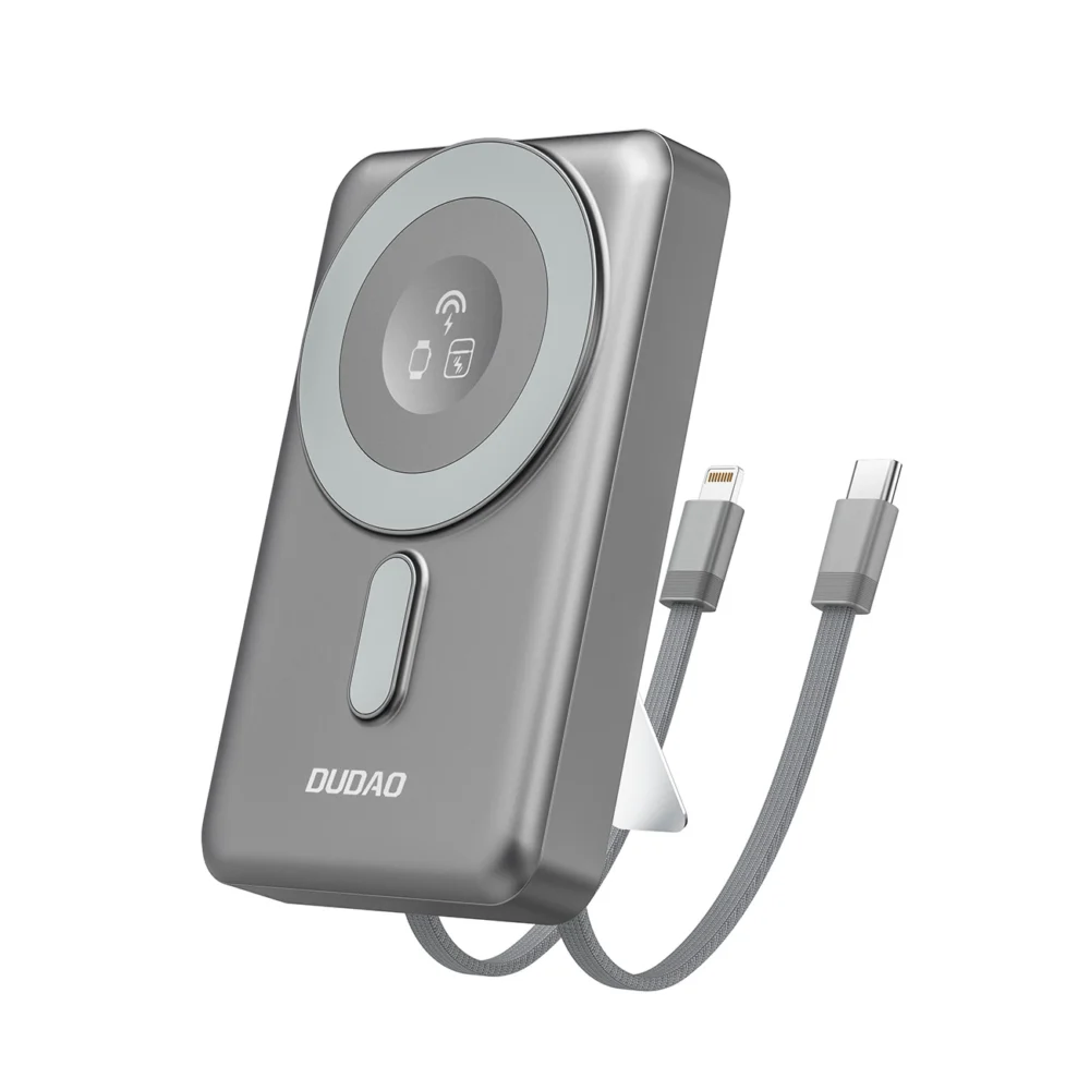 Dudao K29 10000mAh PD 20W MagSafe Power Bank with Metal Case, Stand and Built-in USB-C/ Lightning Cables - Grayeng