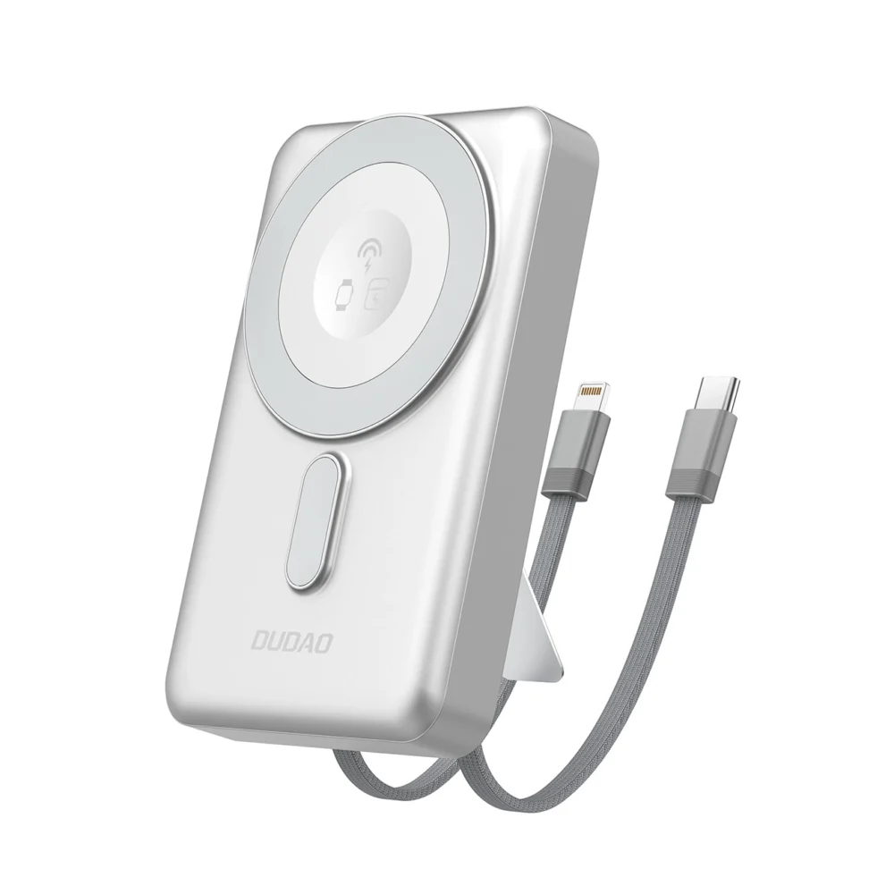 Dudao K29 10000mAh PD 20W MagSafe Powerbank with Metal Case, Stand and Built-in USB-C/ Lightning Cables - Silvereng