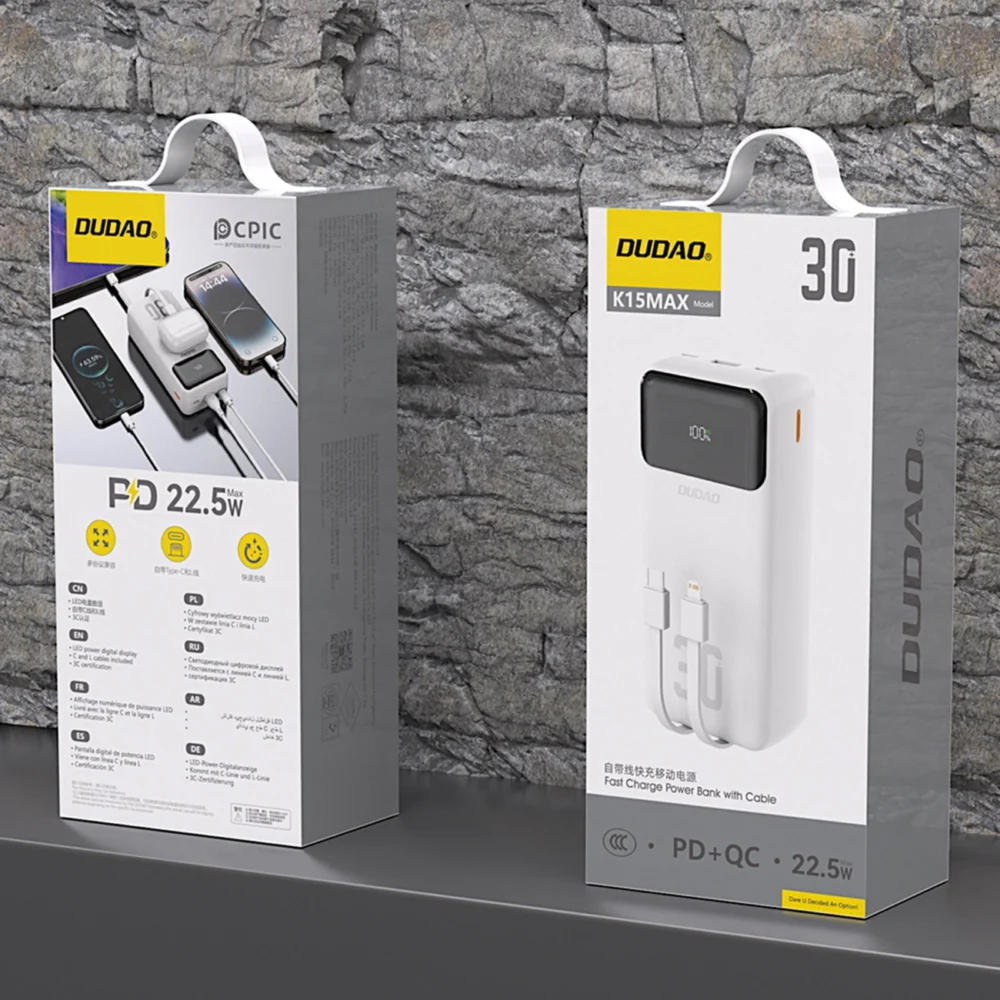 Dudao K15MAX 30000mAh PD 22.5W Powerbank with Built-in Cables - Whiteeng