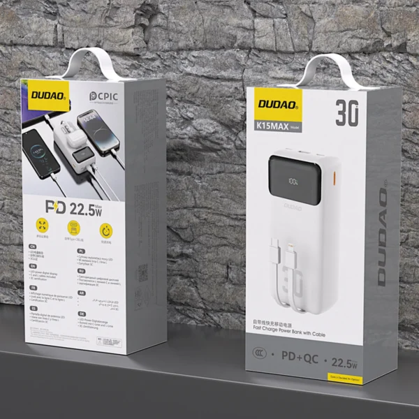 Dudao K15MAX 30000mAh PD 22.5W Powerbank with Built-in Cables - Whiteeng