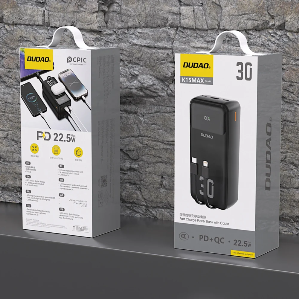 Dudao K15MAX 30000mAh PD 22.5W Powerbank with Built-in Cables - Blackeng
