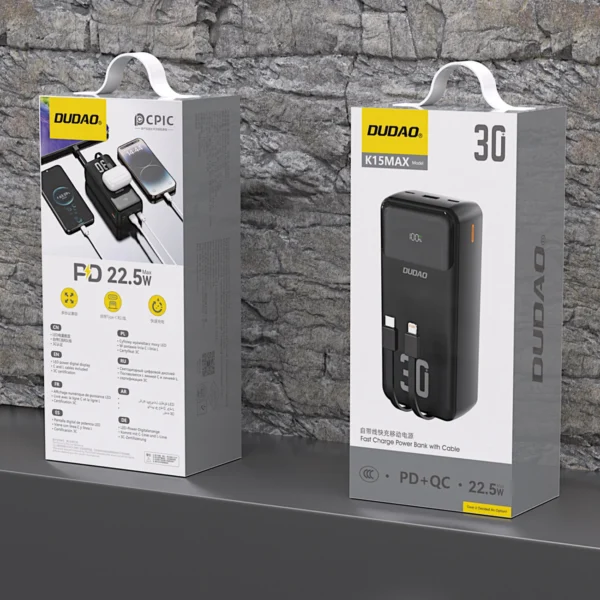 Dudao K15MAX 30000mAh PD 22.5W Powerbank with Built-in Cables - Blackeng