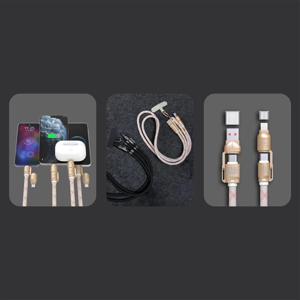Dudao L20MAX 4in1 Cable / Lanyard USB-A / USB-C / Lightning PD QC 65W 1.5m - Pinkeng