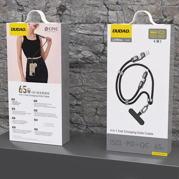 Dudao L20MAX 4in1 Cable / Lanyard USB-A / USB-C / Lightning PD QC 65W 1.5m - Blackeng