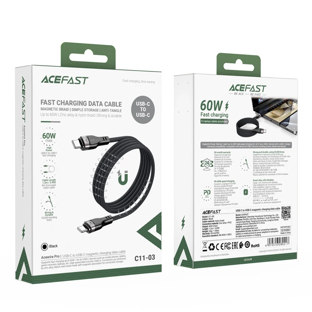 3in1 Cable Acefast C11-03 USB-C - USB-C 480Mb/s 100W 1.2m - blackeng