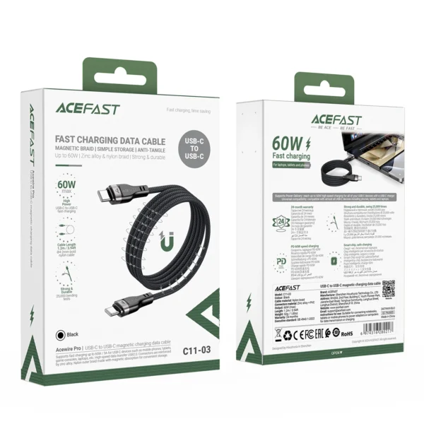 3in1 Cable Acefast C11-03 USB-C - USB-C 480Mb/s 100W 1.2m - blackeng