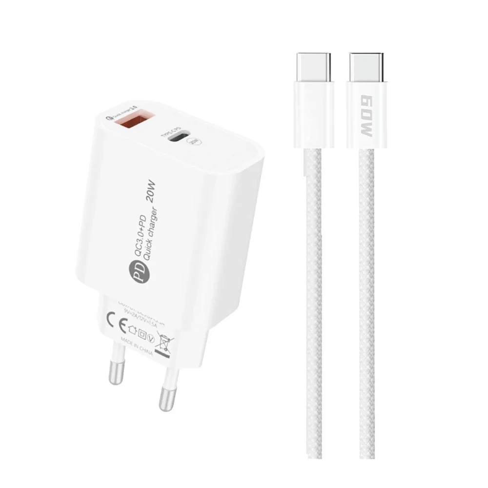 A6MaxL 20W USB-A USB-C wall charger with USB-C - USB-C 1m cable - whiteeng