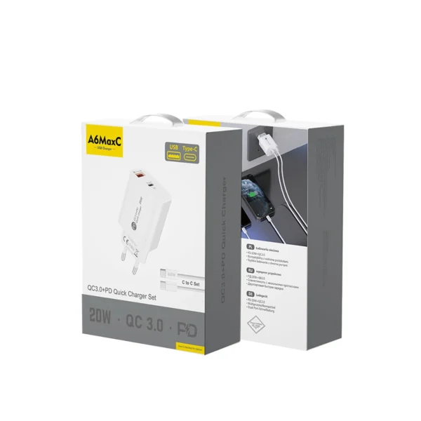 A6MaxL 20W USB-A USB-C wall charger with USB-C - USB-C 1m cable - whiteeng