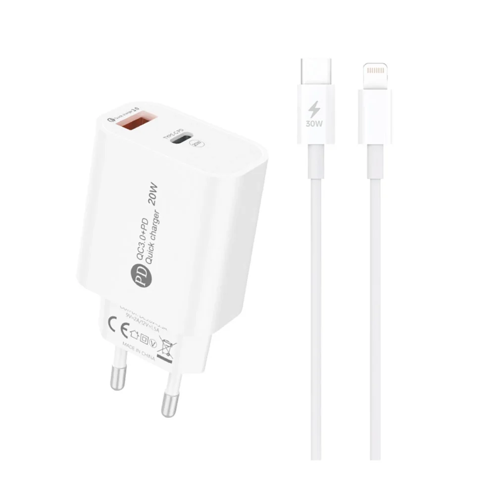 A6MaxL 20W USB-A USB-C Wall Charger with 1m USB-C - Lightning Cable - Whiteeng