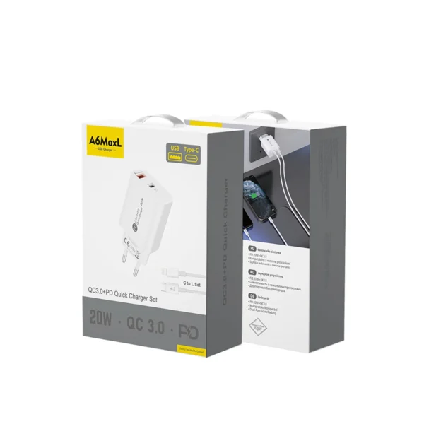 A6MaxL 20W USB-A USB-C Wall Charger with 1m USB-C - Lightning Cable - Whiteeng