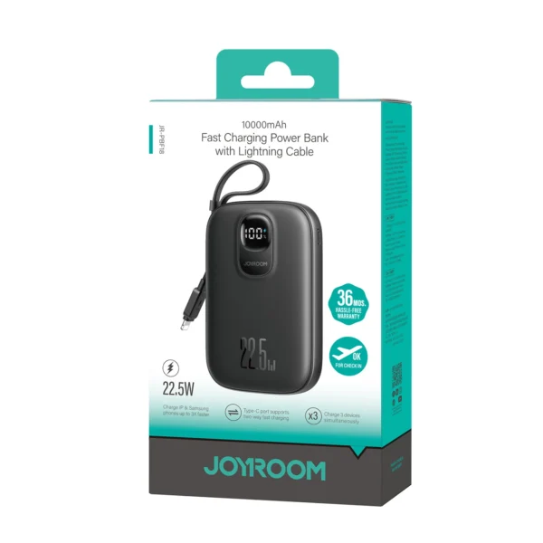Joyroom JR-PBF18 22.5W 10000mAh Powerbank with Built-in Lightning Cable + USB-C Cable 0.25 cm - Blackeng