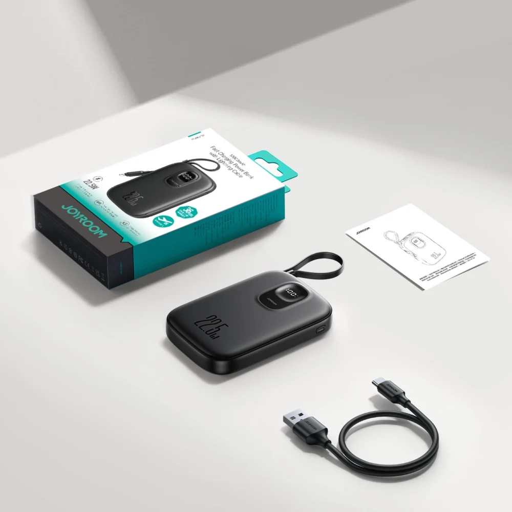 Joyroom JR-PBF18 22.5W 10000mAh Powerbank with Built-in Lightning Cable + USB-C Cable 0.25 cm - Blackeng