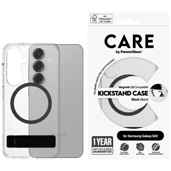 CARE by PanzerGlass Feature Black Kickstand & QI Case for Samsung Galaxy S25 - Transparenteng