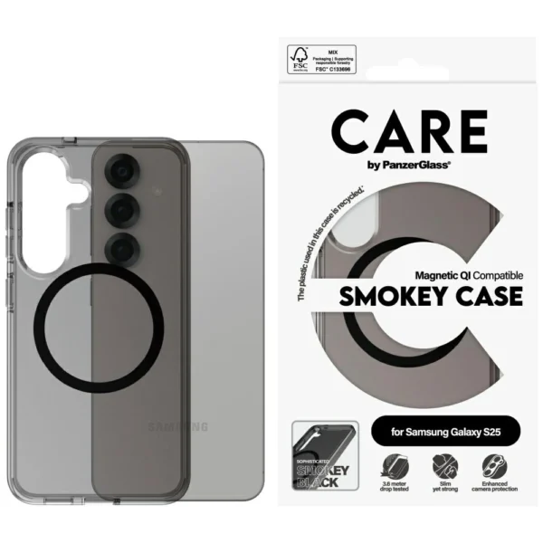 CARE by PanzerGlass Flagship Urban Combat Black QI Case for Samsung Galaxy S25 - Semi-transparent Smokeeng