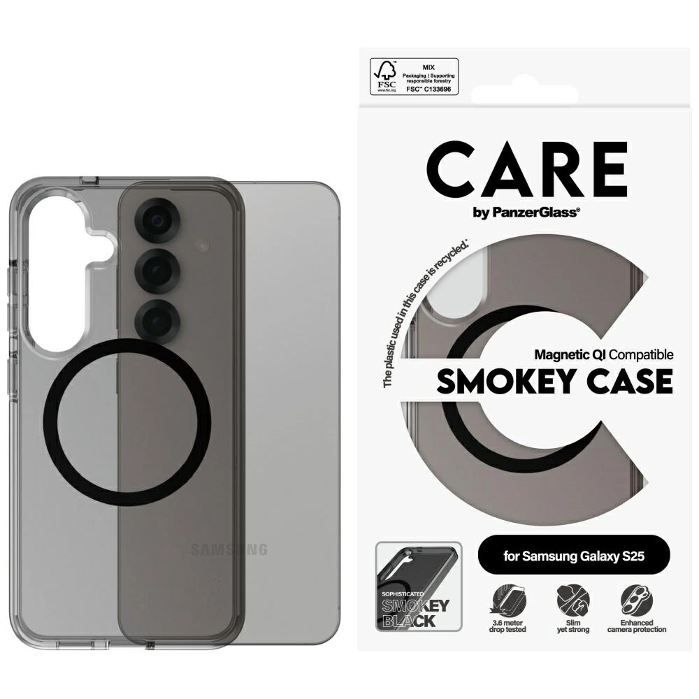 CARE by PanzerGlass Flagship Urban Combat Black QI Case for Samsung Galaxy S25 - Semi-transparent Smokeeng