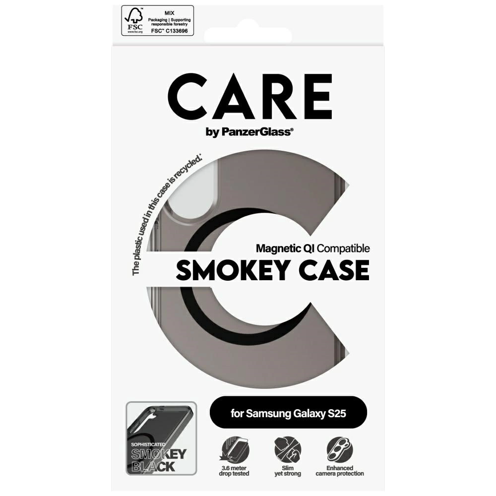 CARE by PanzerGlass Flagship Urban Combat Black QI Case for Samsung Galaxy S25 - Semi-transparent Smokeeng
