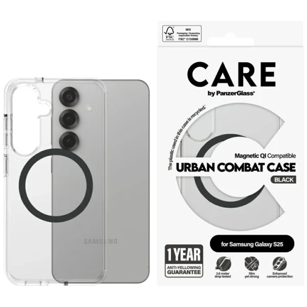 CARE by PanzerGlass Flagship Urban Combat Black QI Case for Samsung Galaxy S25 - Transparenteng