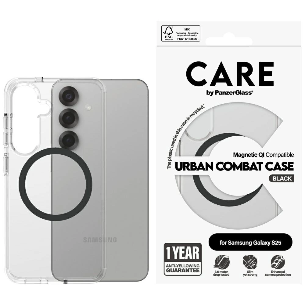 CARE by PanzerGlass Flagship Urban Combat Black QI Case for Samsung Galaxy S25 - Transparenteng