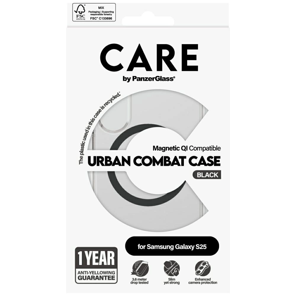 CARE by PanzerGlass Flagship Urban Combat Black QI Case for Samsung Galaxy S25 - Transparenteng