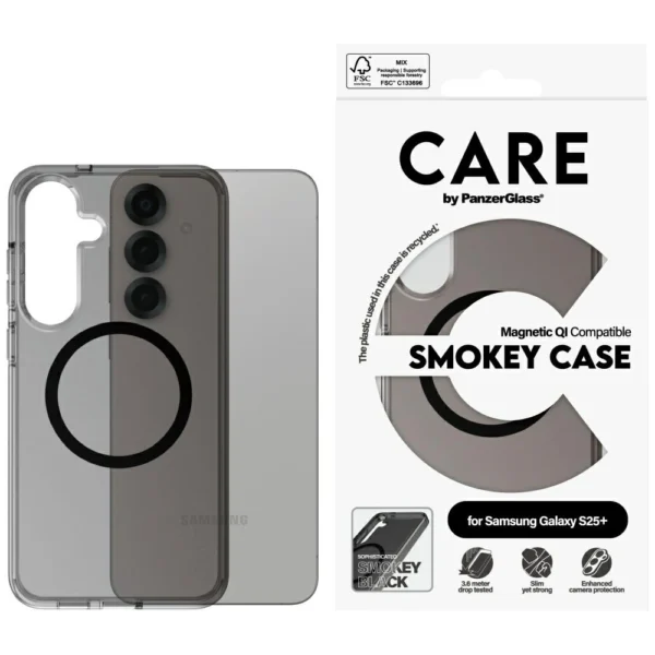 CARE by PanzerGlass Flagship Urban Combat Black QI Case for Samsung Galaxy S25+ - Semi-transparent Smokeeng