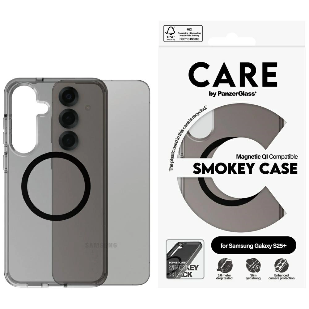 CARE by PanzerGlass Flagship Urban Combat Black QI Case for Samsung Galaxy S25+ - Semi-transparent Smokeeng