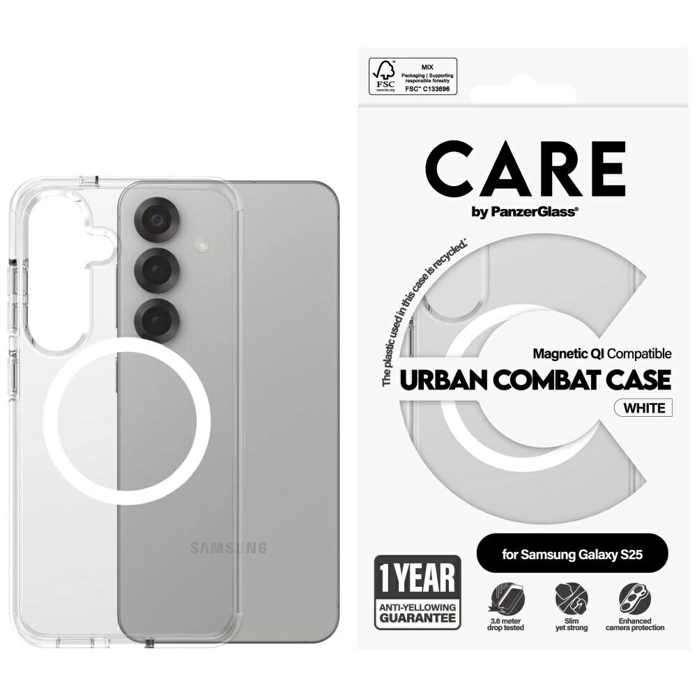 CARE by PanzerGlass Flagship Urban Combat White QI Case for Samsung Galaxy S25 - Transparenteng
