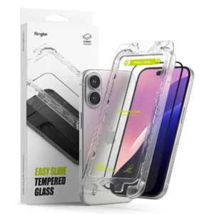 Ringke Easy Slide 2-pack tempered glass with black frame for iPhone 15 / 16eng
