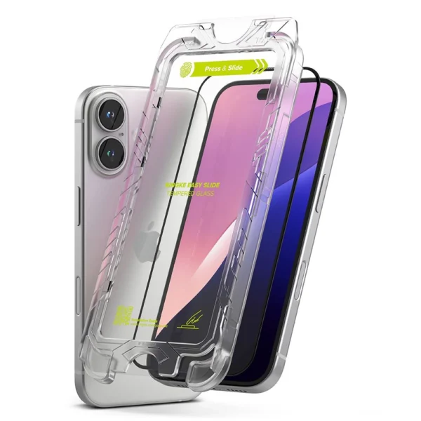 Ringke Easy Slide 2-pack tempered glass with black frame for iPhone 15 / 16eng