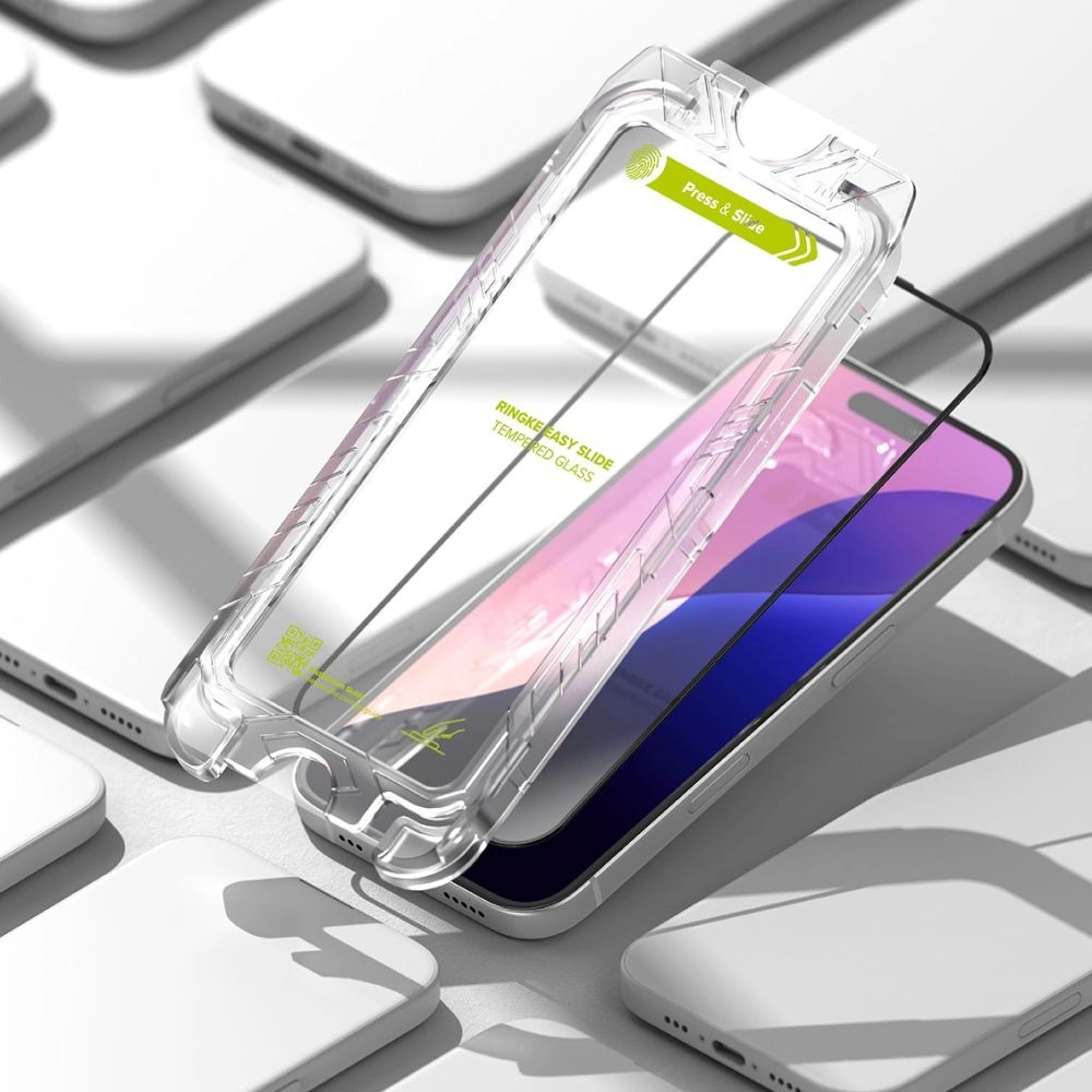 Ringke Easy Slide 2-pack tempered glass with black frame for iPhone 15 / 16eng