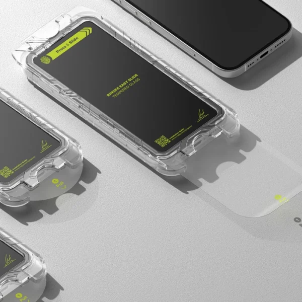 Ringke Easy Slide 2-pack tempered glass with black frame for iPhone 15 / 16eng