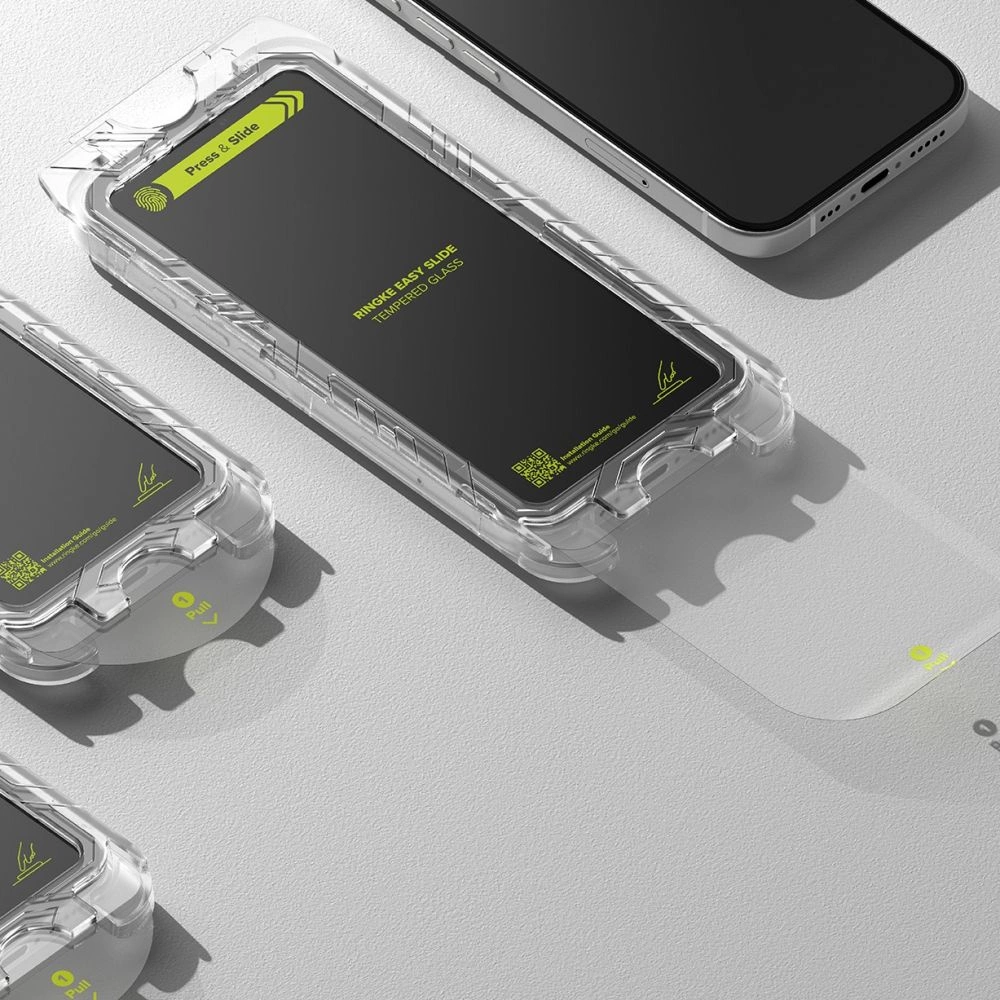 Ringke Easy Slide 2-pack tempered glass with black frame for iPhone 15 / 16eng