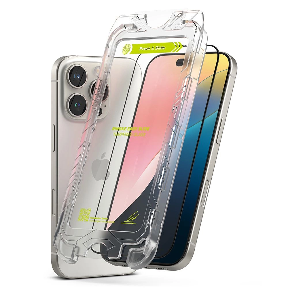 Ringke Easy Slide 2-pack Black Frame Tempered Glass for iPhone 16 Proeng