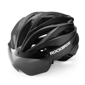 Rockbros Bike Helmet with Visor, Detachable UV Protective Goggles, Unisex - Blackeng