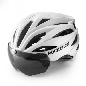 Rockbros Bike Helmet with Visor, Detachable UV Protective Goggles, Unisex, Matte - Whiteeng